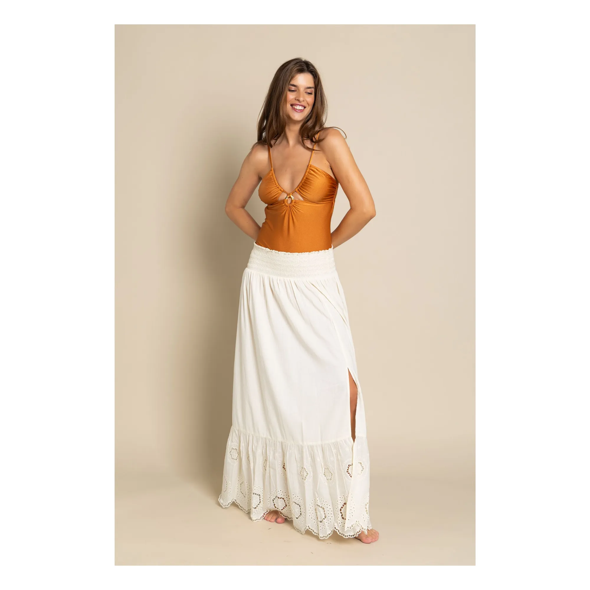 Alma Deia Off White Long Embroidered Skirt In Organic Cotton