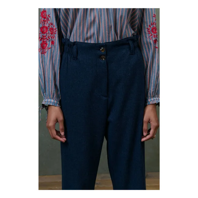 Pantalon Abuela Heringbone Laine - Collection Femme | Bleu marine
