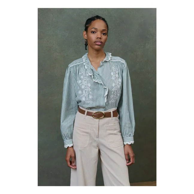 Blusa de algodón orgánico a rayas Cora - Colección Mujer | Verde Almendra