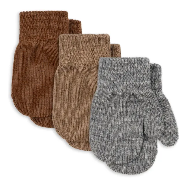 Set of 3 Pairs of Filla Wool Mittens | Brown
