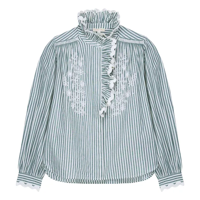 Blusa de algodón orgánico a rayas Cora - Colección Mujer | Verde Almendra