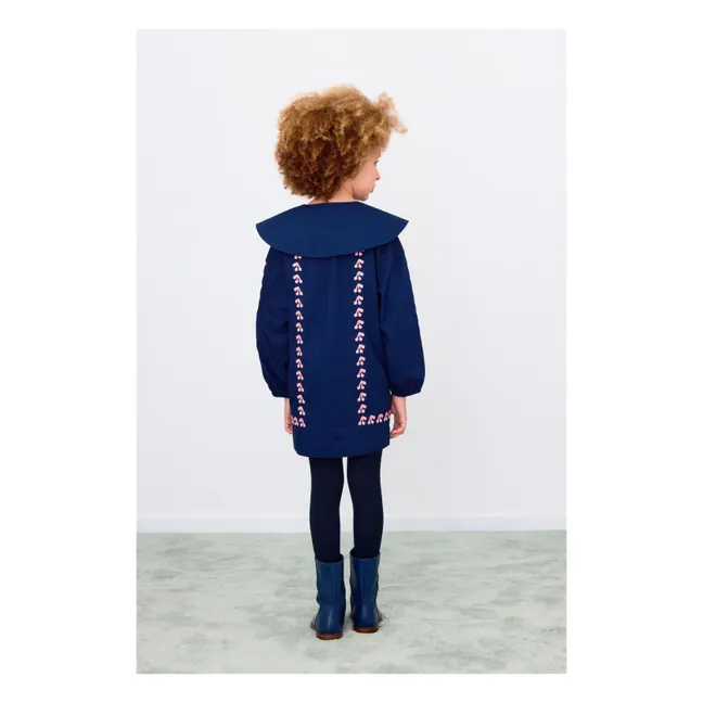 Robe Col Large Cerises Popeline | Bleu marine