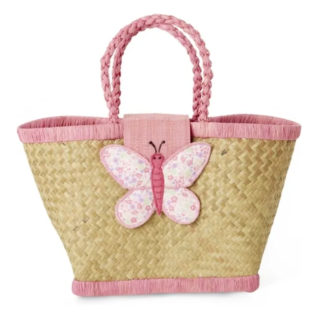 Coffre de rangement en raphia Papillon | Rose pâle