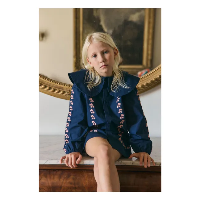Robe Col Large Cerises Popeline | Bleu marine