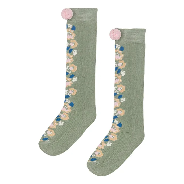 Chaussettes Hautes Chelie Fleurie | Vert amande