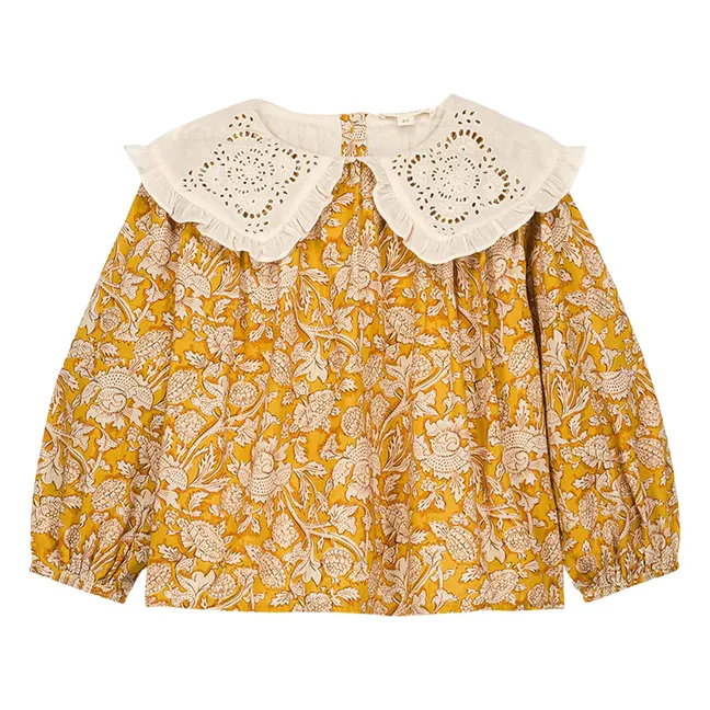 Clea Bluse mit gesticktem Kragen aus Bio-Baumwolle | Honig