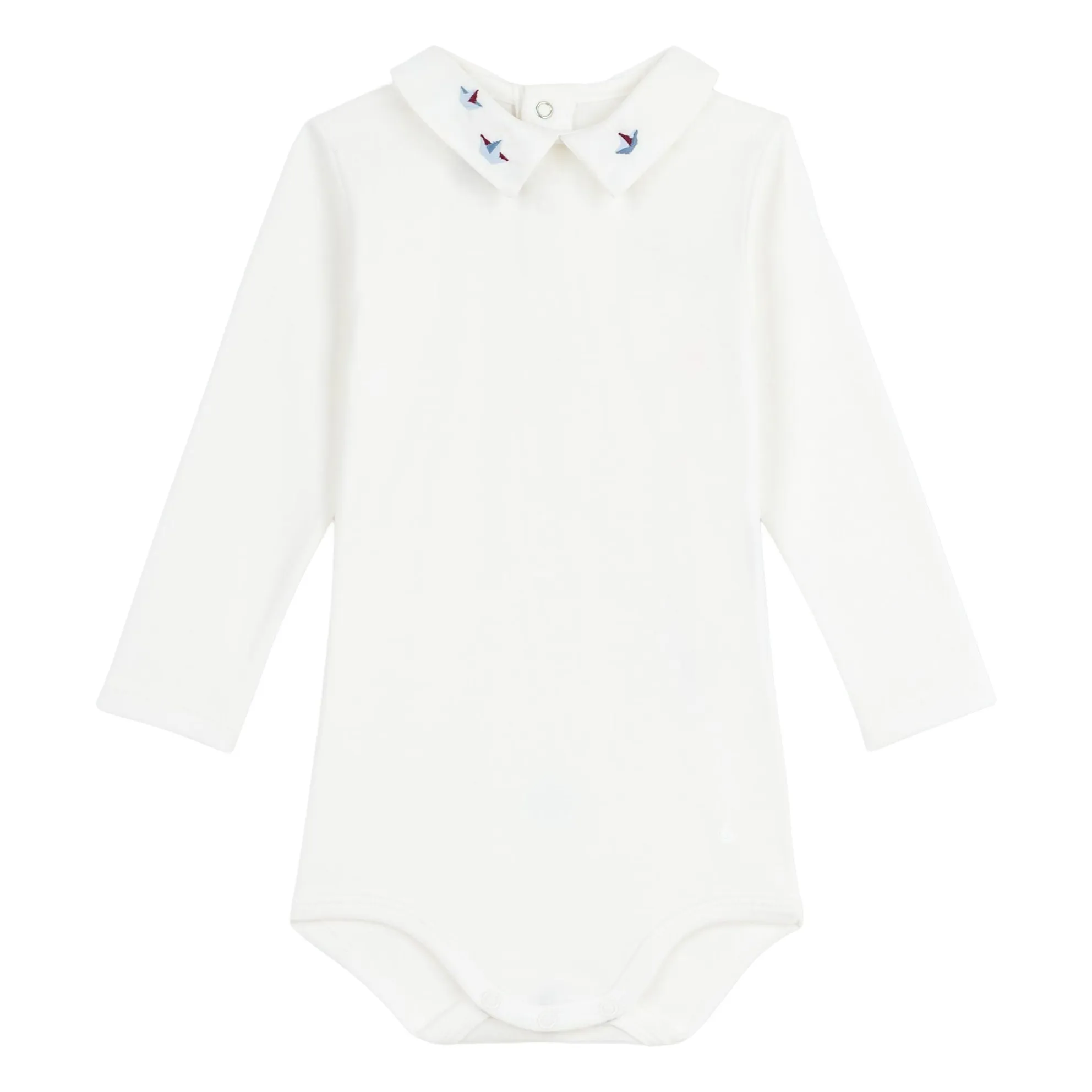 Petit Bateau White Bateaux Organic Cotton Polo Neck Bodysuit