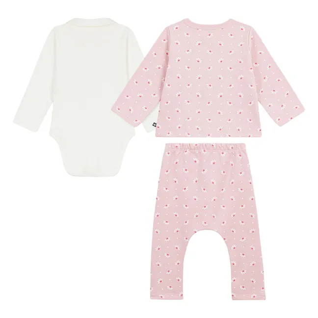 Ensemble Cardigan Pantalon et Body Fleuris Coton Bio | Rose