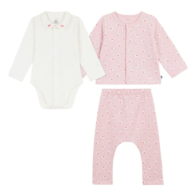 Ensemble Cardigan Pantalon et Body Fleuris Coton Bio | Rose