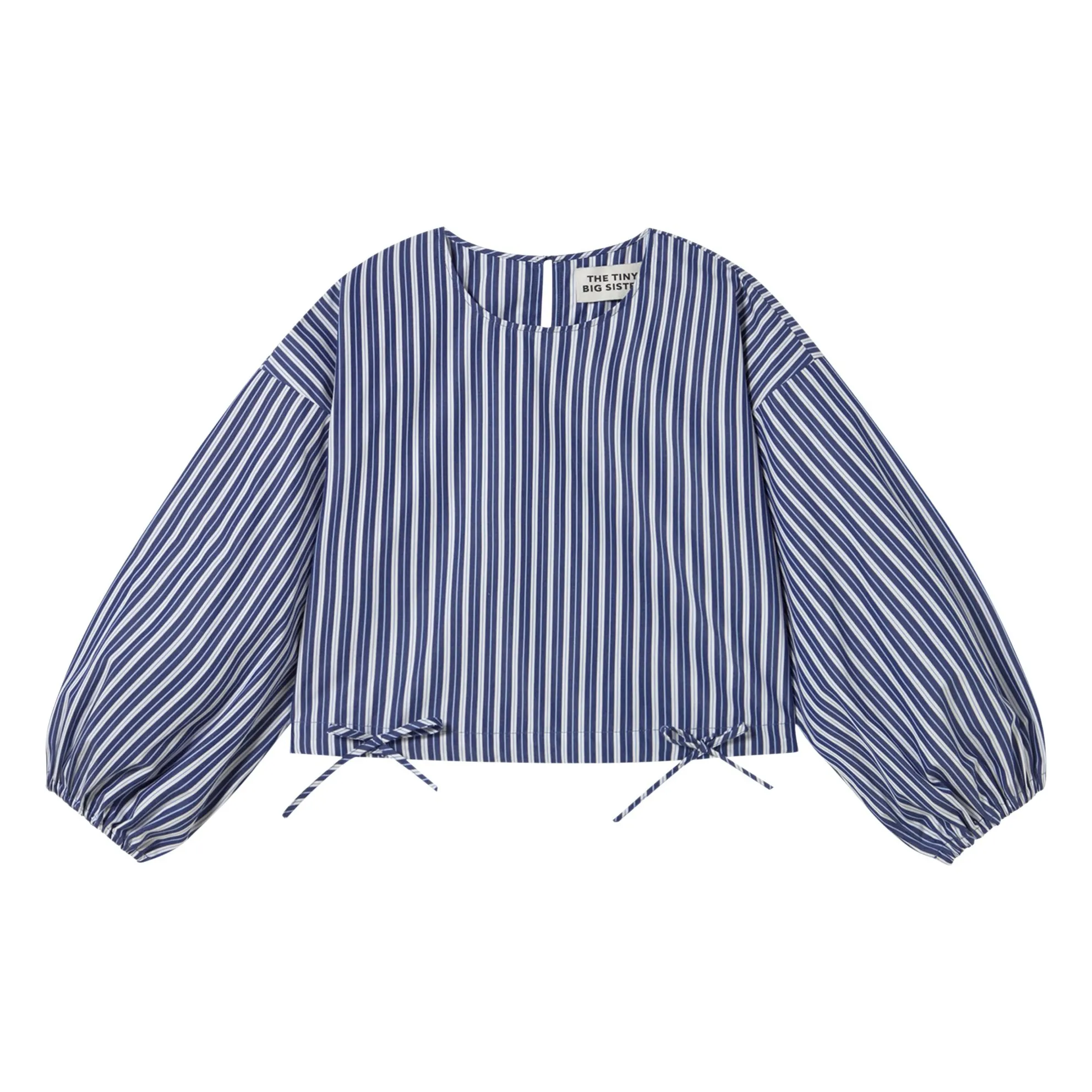 The Tiny Big Sister Navy Blue Striped Blouse With Puff Sleeves