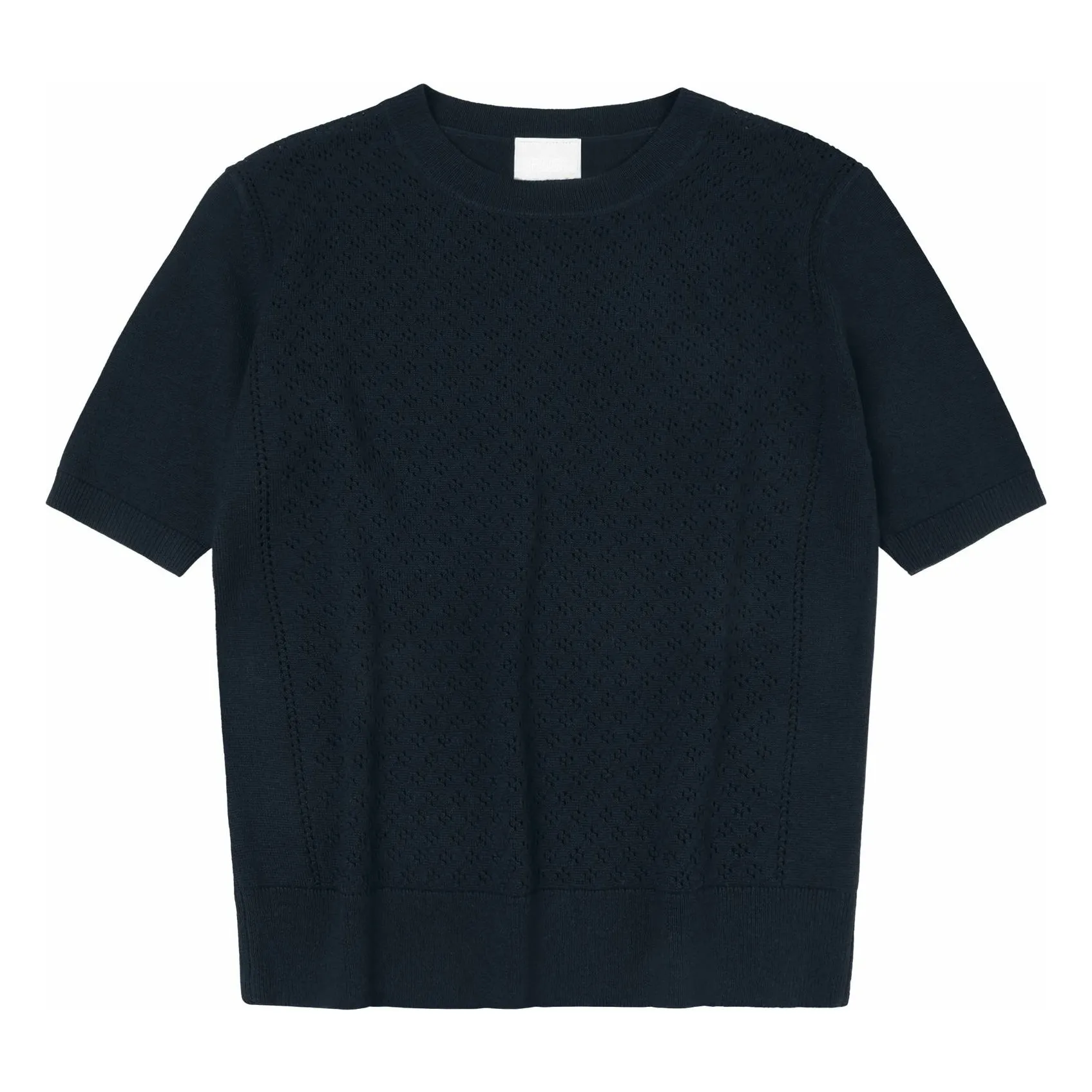 Fub Women's Navy Blue Pointelle Merino Wool Short Sleeve Sweater - Collection