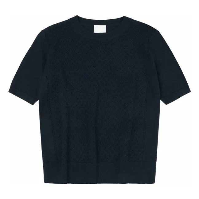 Pointelle Merino Wool Short Sleeve Sweater - Women's Collection | Navy blue