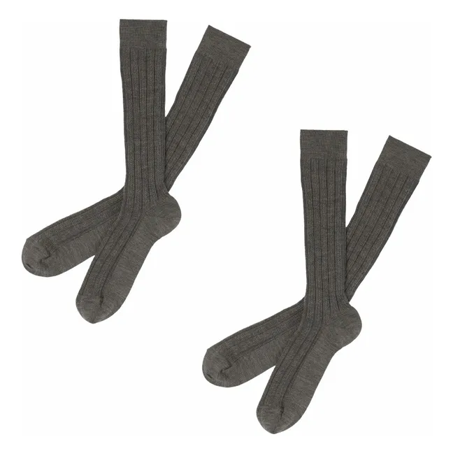 Lot de 2 Paires de Mi-Bas Côtelés Laine - Collection Femme | Gris chiné