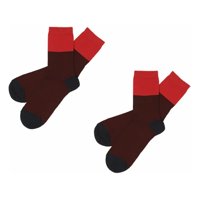 2 Paar Color Block Socken aus Wolle - Damenkollektion | Dunkelrot