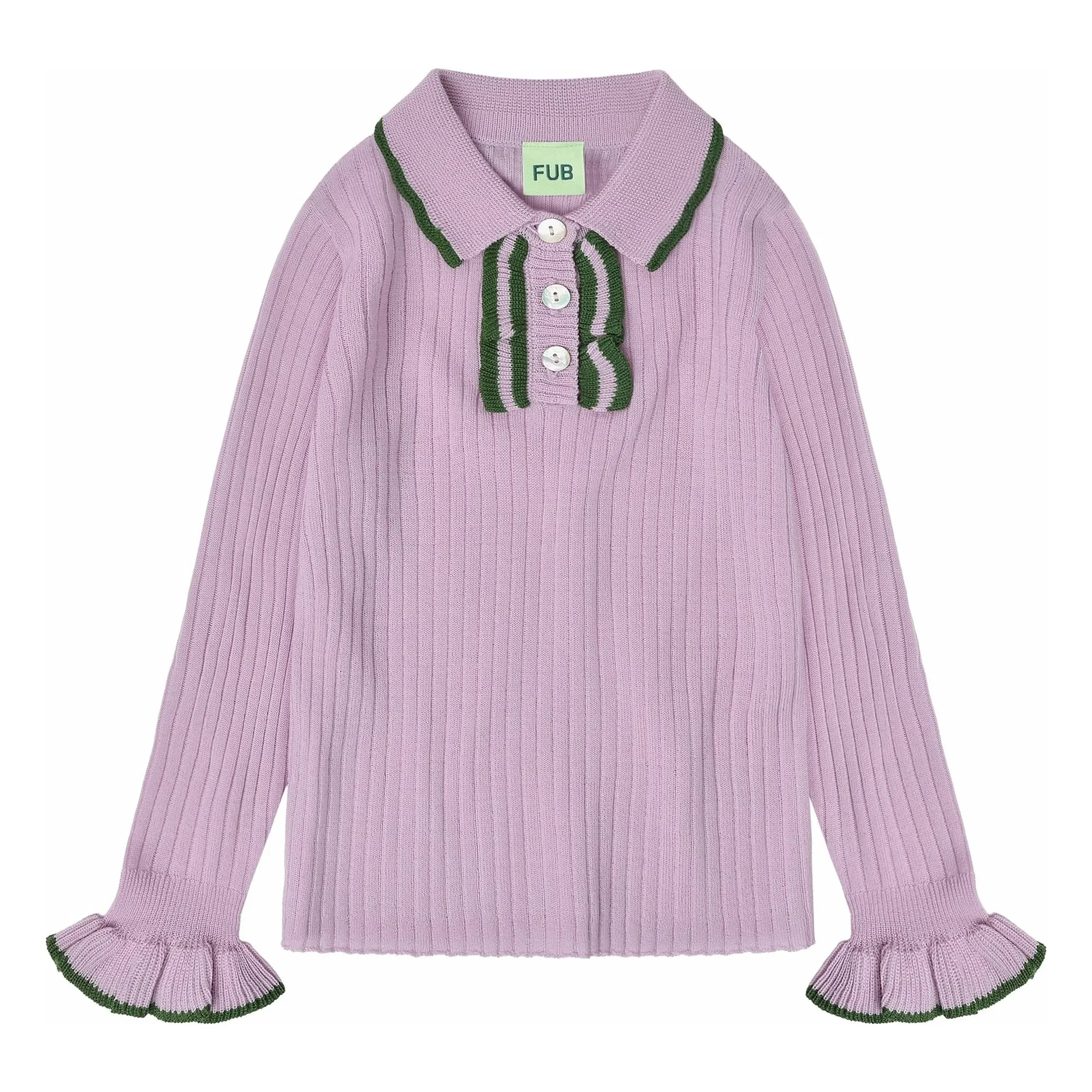Fub Mauve Polo Shirt Fine Knit Merino Wool Ruffles