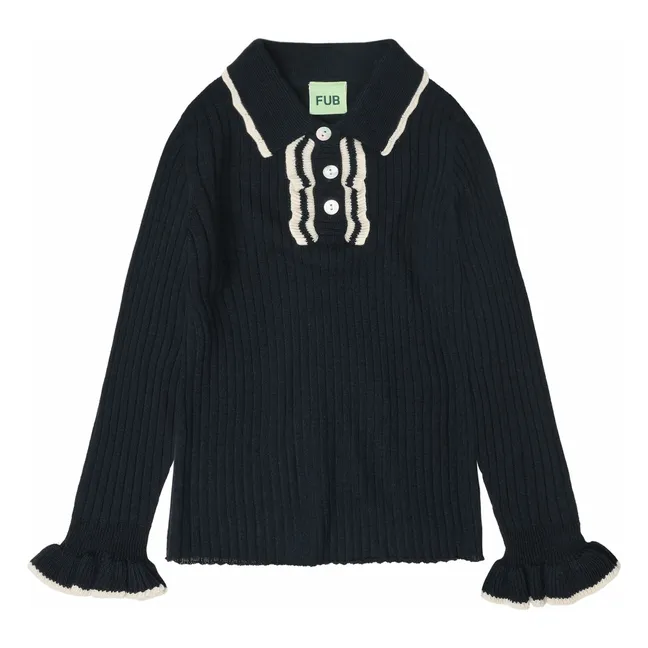 Polo shirt Fine knit Merino wool ruffles | Navy blue