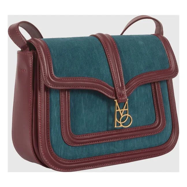 Noah-Tasche aus geripptem Velours und Leder | Petroleumblau