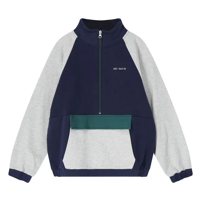 Sweat Col Zippé Colorblock Coton Bio | Gris