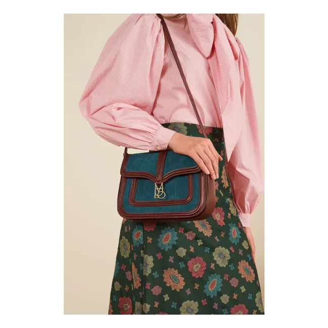 Sac Noah Velours Côtelé et Cuir | Bleu pétrole