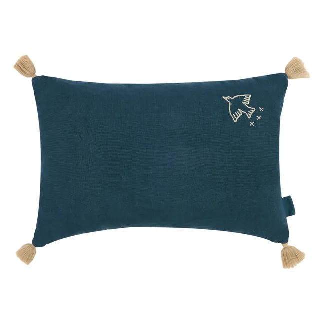 Coussin à pompons - Lin Français | Bleu