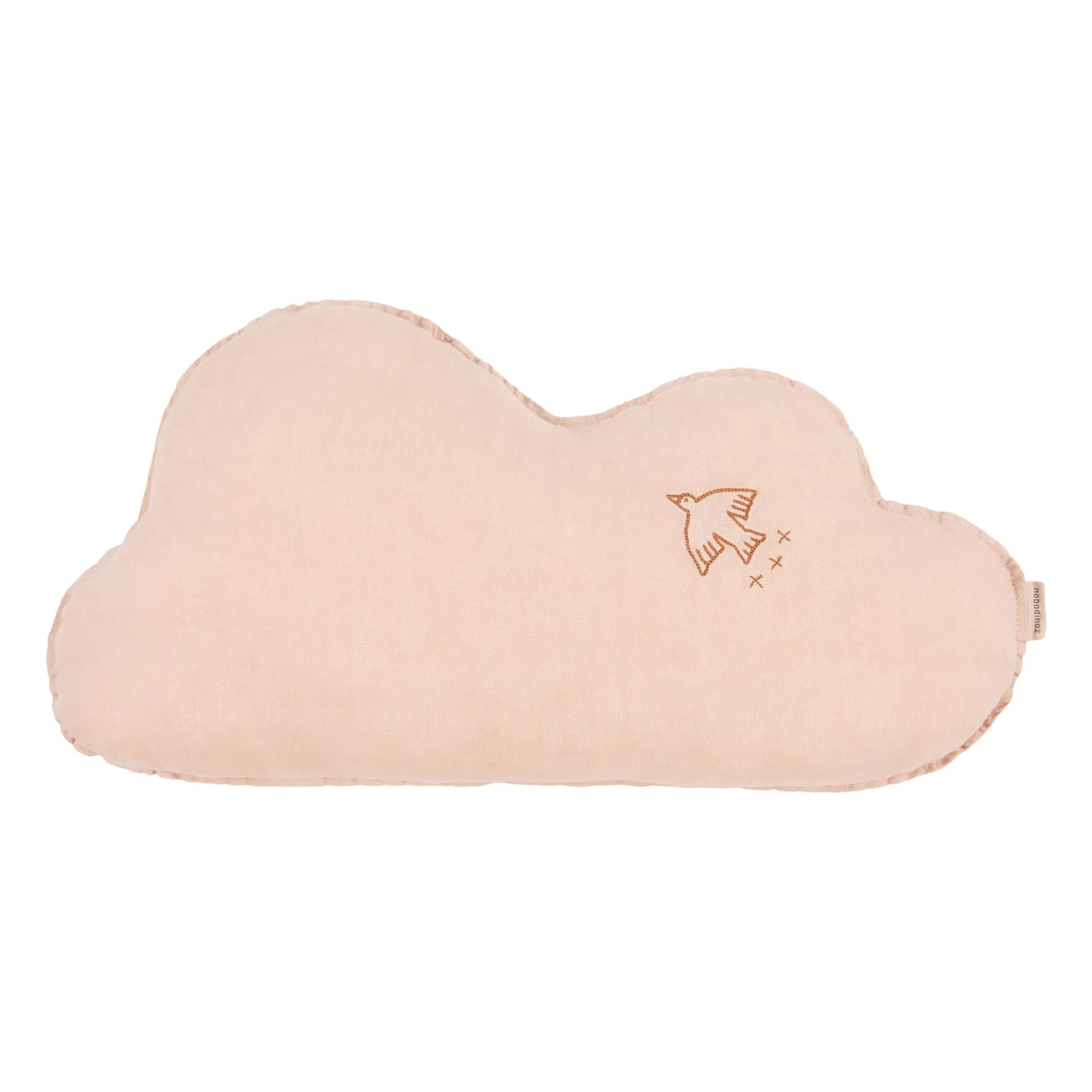 Nobodinoz Powder Pink Cloud Cushion With Bird Embroidery - French Linen