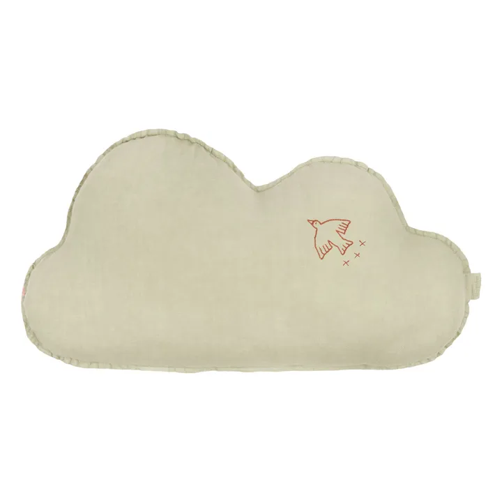 Coussin Nuage avec broderie Oiseau - Lin Français | Matcha- Image produit n°0