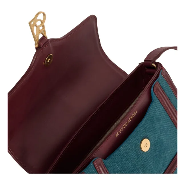 Noah-Tasche aus geripptem Velours und Leder | Petroleumblau