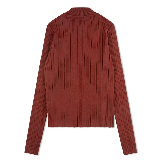 T-shirt in cotone biologico con collo a camino a coste | Mattone