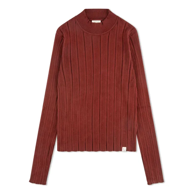 T-shirt in cotone biologico con collo a camino a coste | Mattone