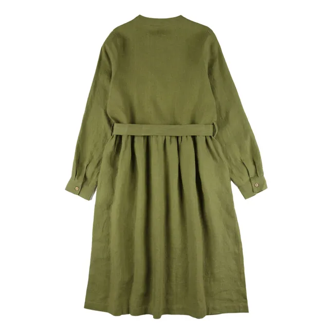 Vestido de lino con cinturón | Verde oliva
