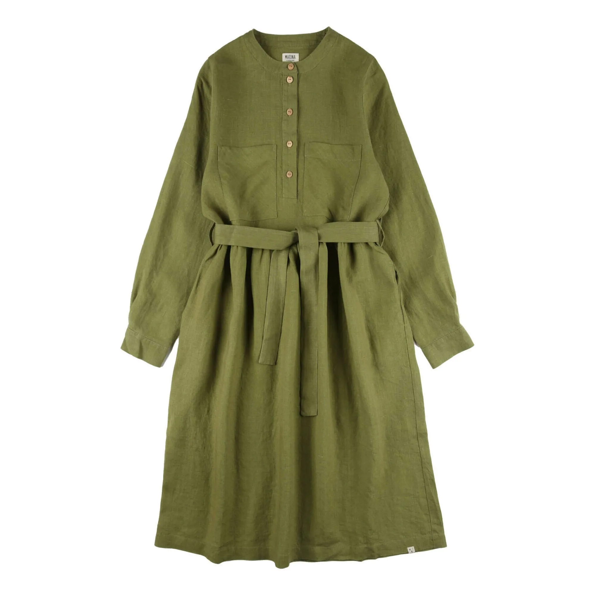 Matona Olive Green Linen Belted Dress