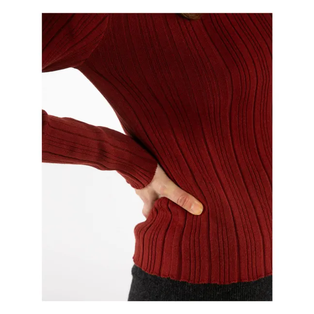 T-shirt in cotone biologico con collo a camino a coste | Mattone