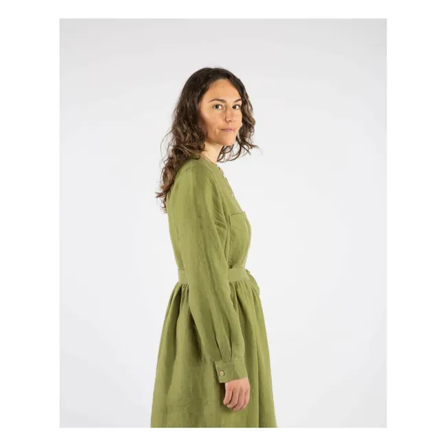 Vestido de lino con cinturón | Verde oliva