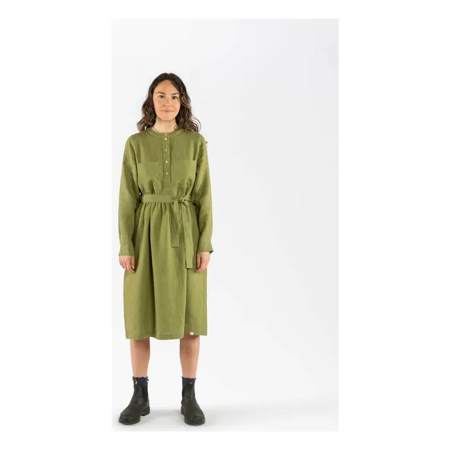 Kleid mit Gürtel Leinen | Grünolive