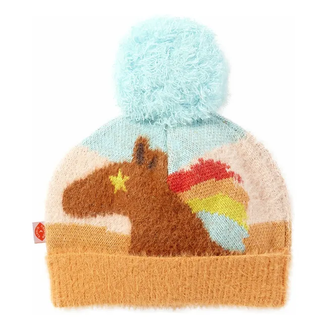 Bonnet Pompon Chevaux | Bleu ciel