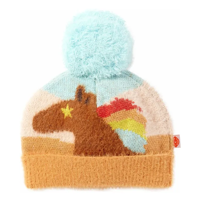 Bonnet Pompon Chevaux | Bleu ciel