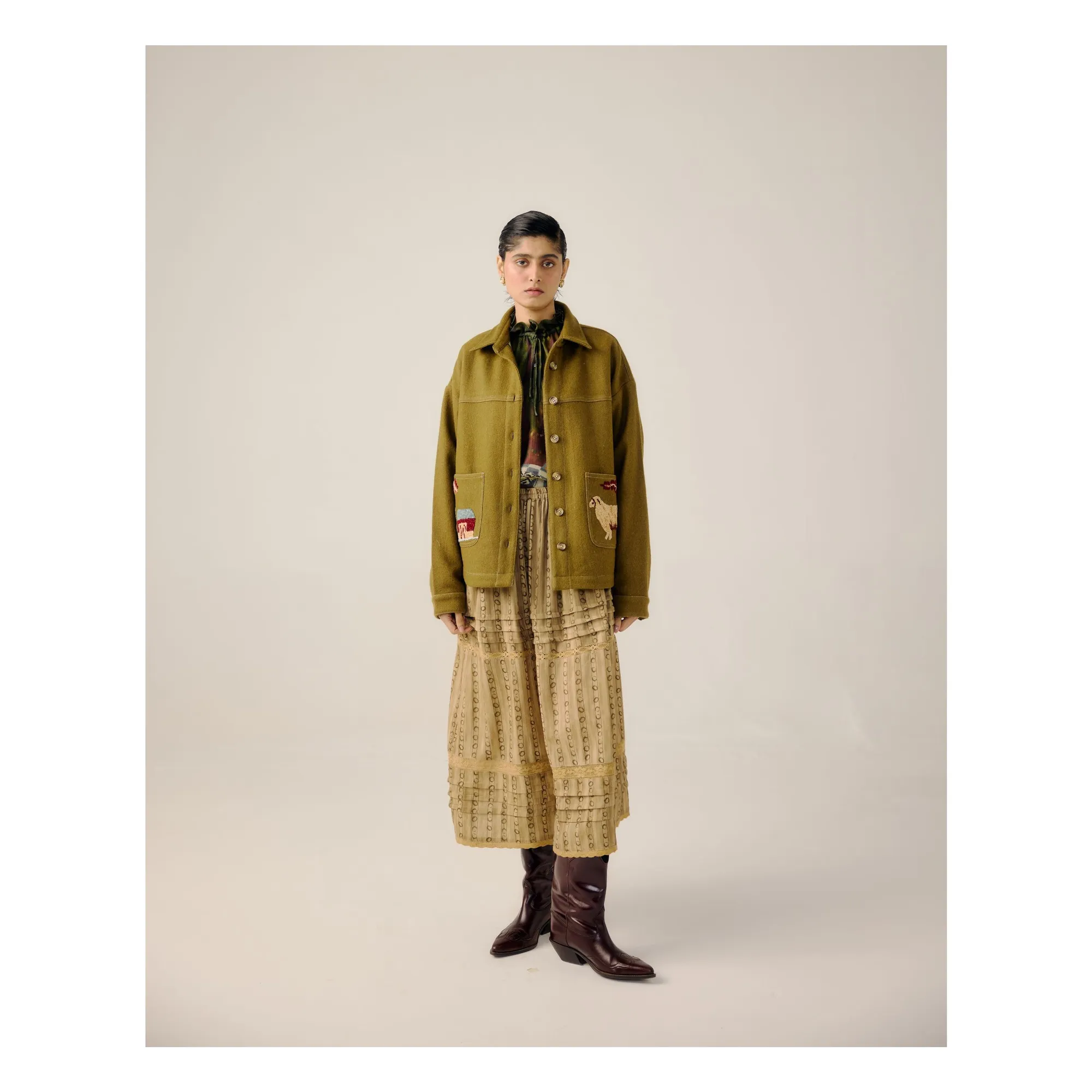 Cord Olive Green Ava Crountryside Wool Embroidered Jacket
