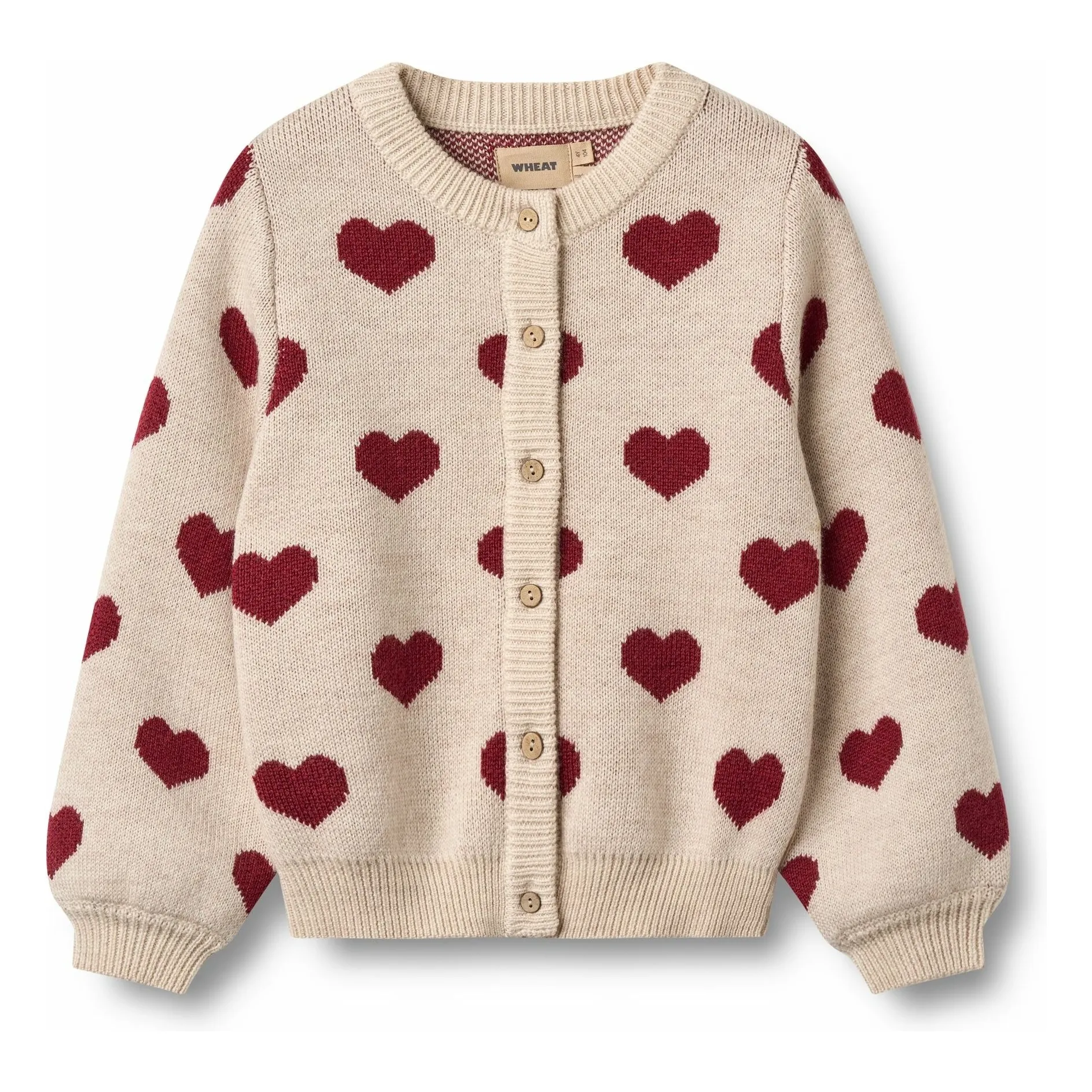 Wheat Beige Cardigan Hearts Jacquard Merino Wool