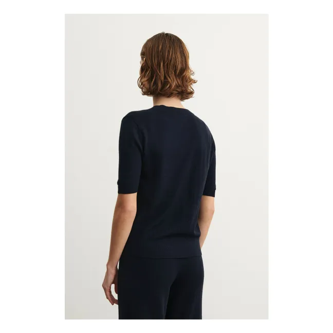 Pull Manches Courtes Pointelle Laine Mérinos - Collection Femme | Bleu marine