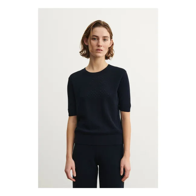 Pointelle Merino Wool Short Sleeve Sweater - Women's Collection | Navy blue