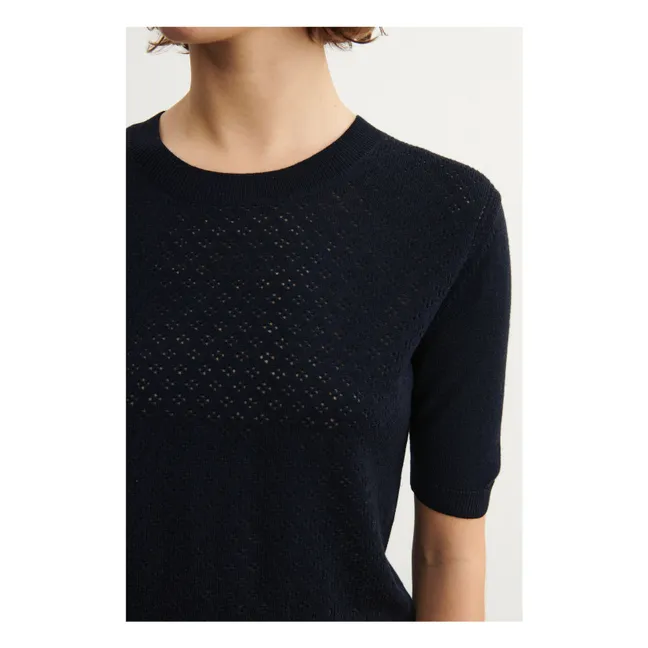 Jersey de manga corta de lana merina Pointelle - Colección Mujer | Azul Marino