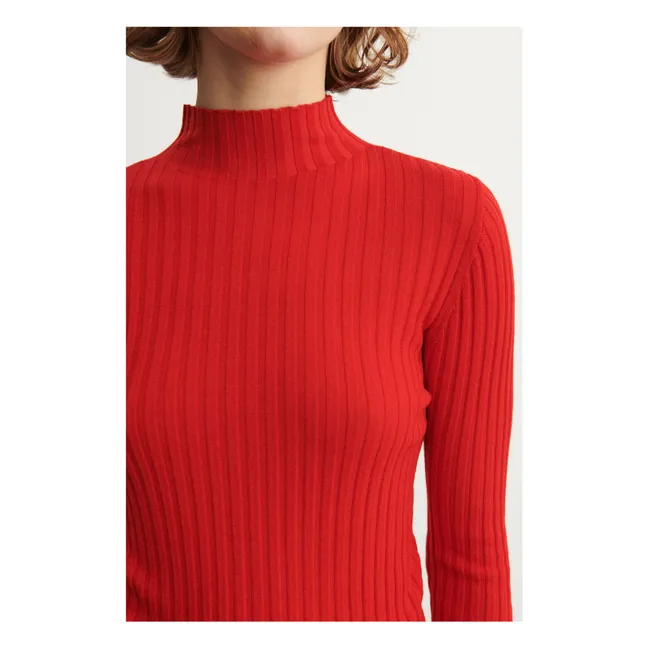 Sous-pull Col Cheminé Côtelé Laine Mérinos - Collection Femme | Rouge