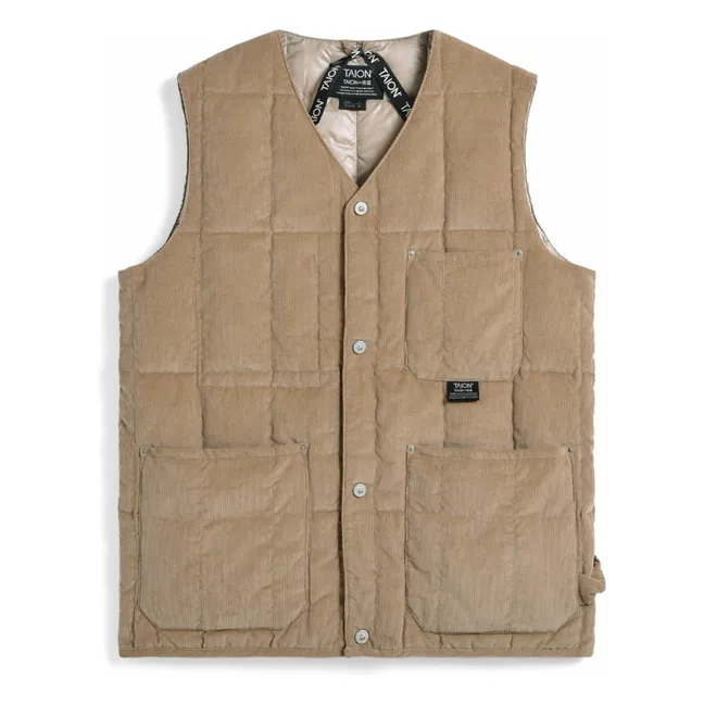 Giacca a coste senza maniche con collo a V e bottoni | Beige