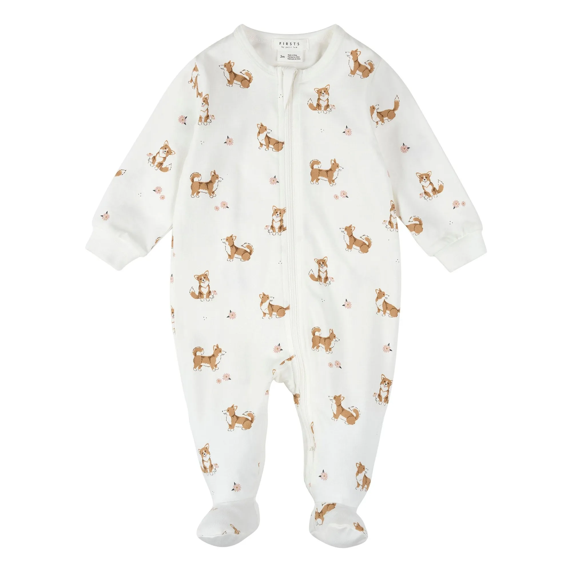 Petit Lem Ecru Corgis Organic Cotton Ribbed Pyjamas