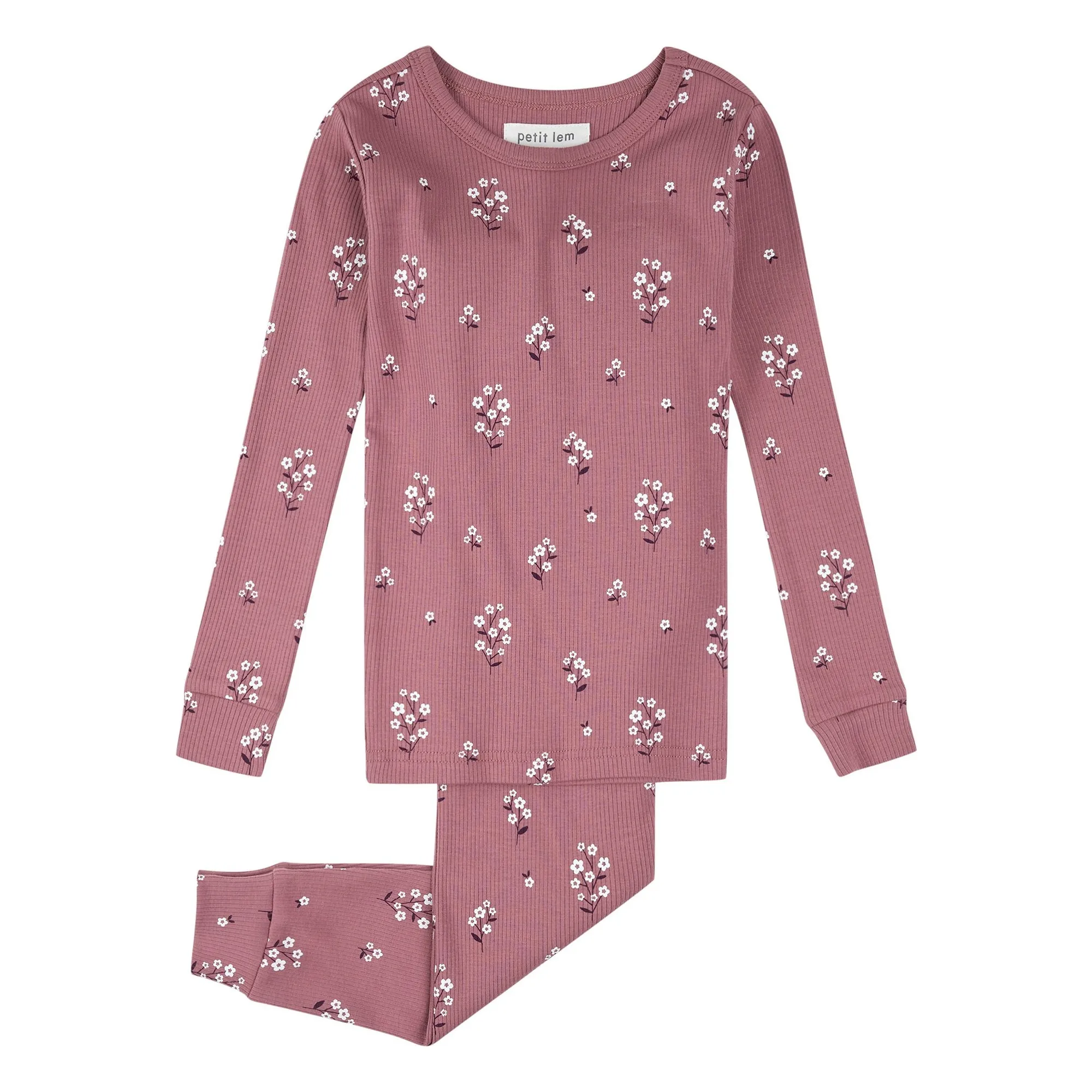 Petit Lem Dusty Pink Organic Cotton Floral Ribbed Pyjamas