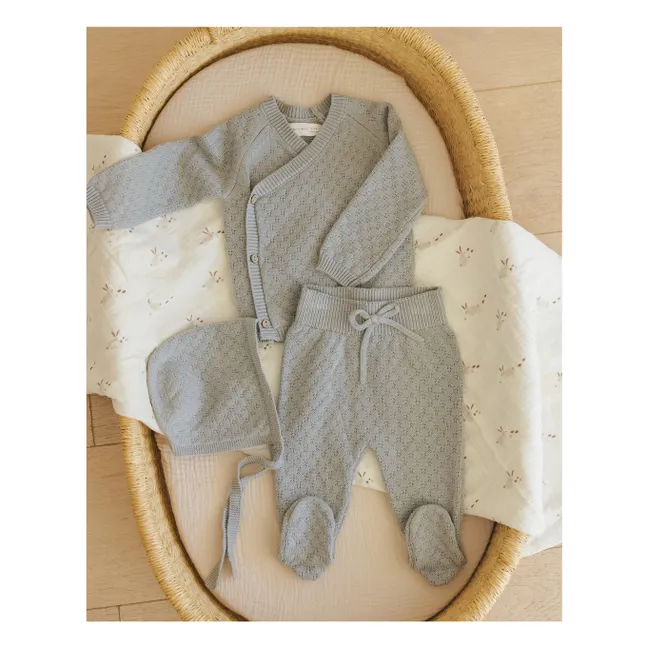 Ensemble Gilet Pantalon et Béguin Maille Coton Bio | Bleu gris