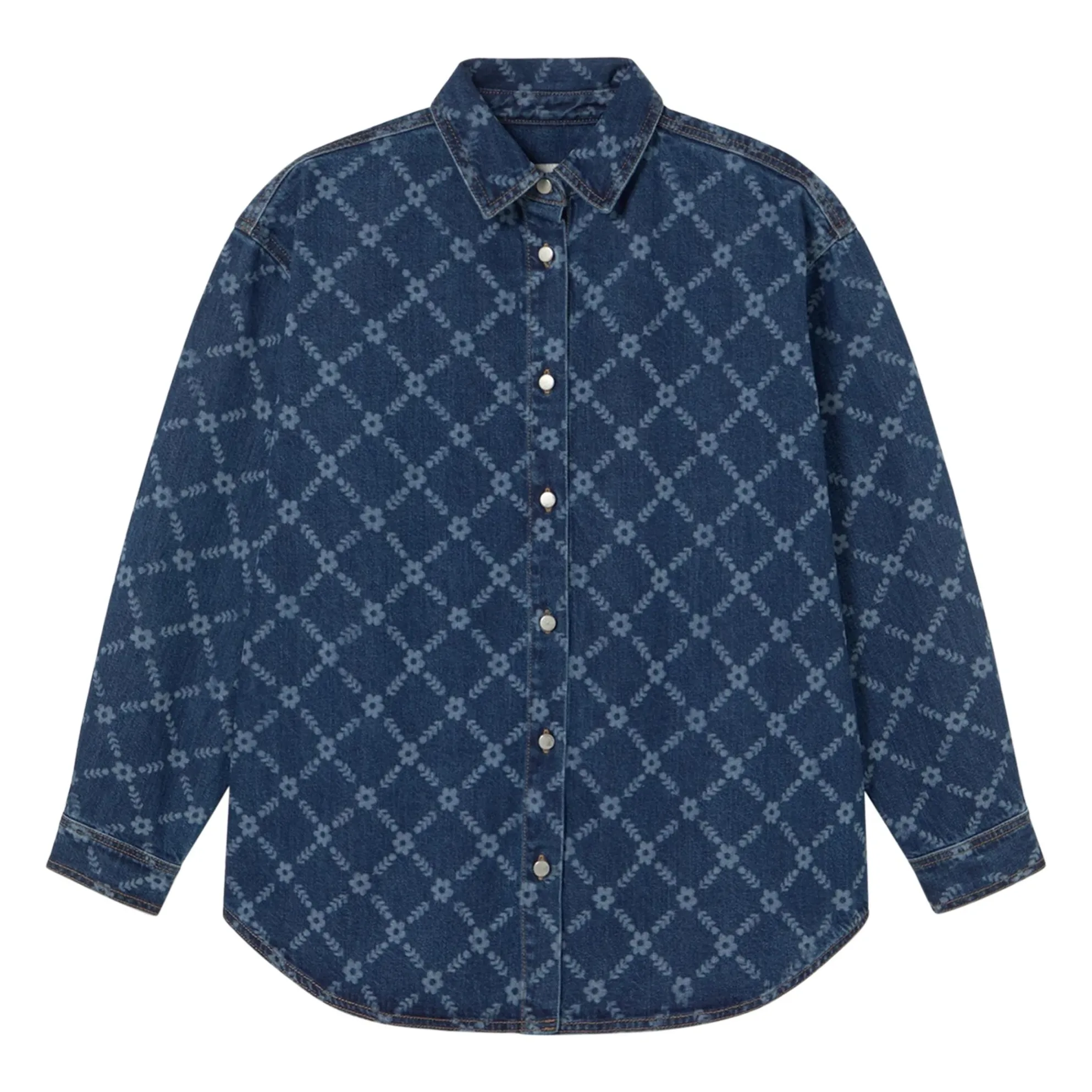 The Tiny Big Sister Indigo Flowers Grid Denim Overshirt