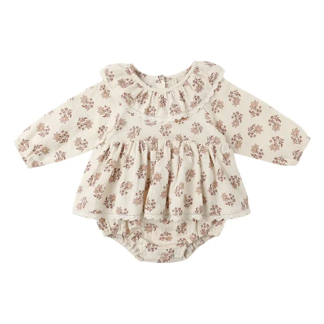 Barboteuse Volants Fleurie Gaze de Coton Bio | Ecru