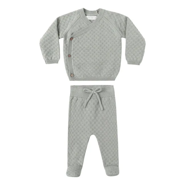 Organic cotton knit cardigan, pants and crutch set | Grey blue