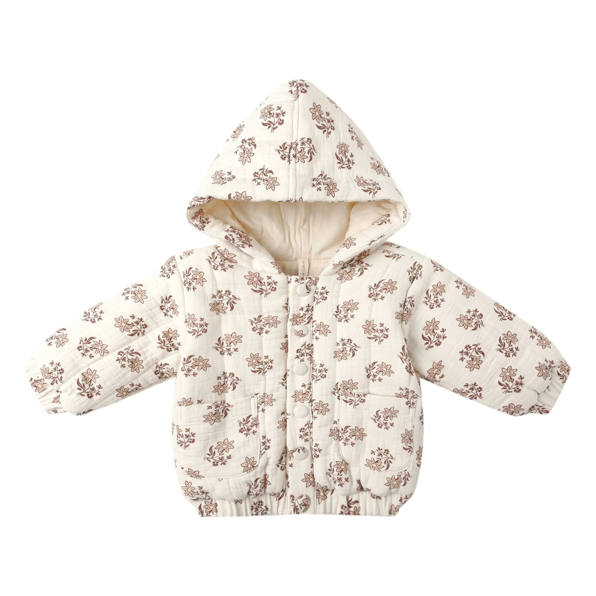 Quincy Mae Ecru Organic Cotton Gauze Floral Hooded Jacket